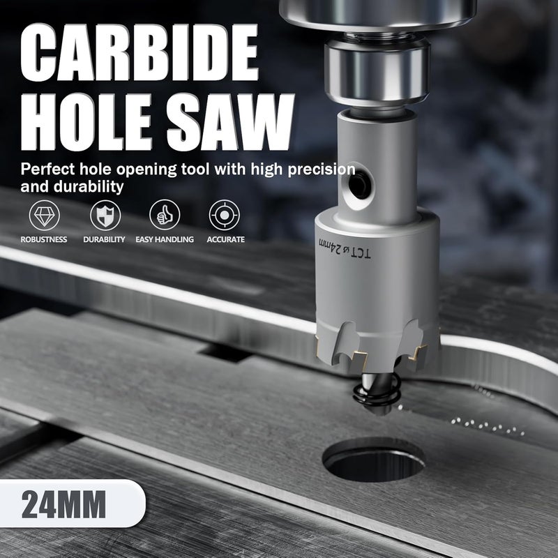 GSTK Heavy Duty Carbide Hole Saw Set, 15/16” (24mm), Extra Deep Cutting Depth of 1.1 Inches (28mm) - Ideal for Stainless Steel, Mild Steel, Iron, Copper, Brass, and Plastic - Image 4